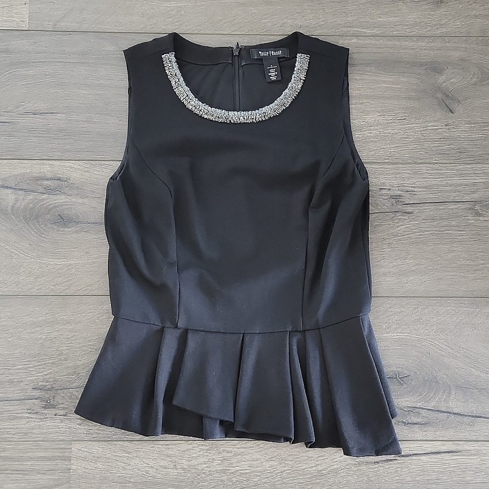 White House Black Market Black Sleeveless Peplum Top with Beaded Collar